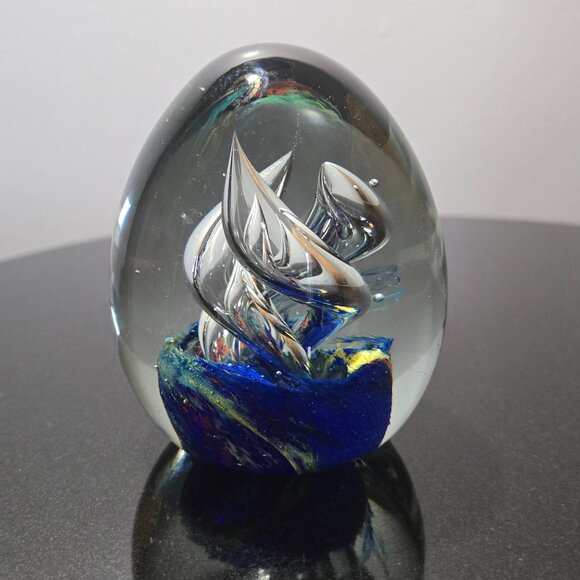 Egg Shaped Glass Paperweight, Multicolor and Transparent Swirl, Art Glass - Picture 1 of 5